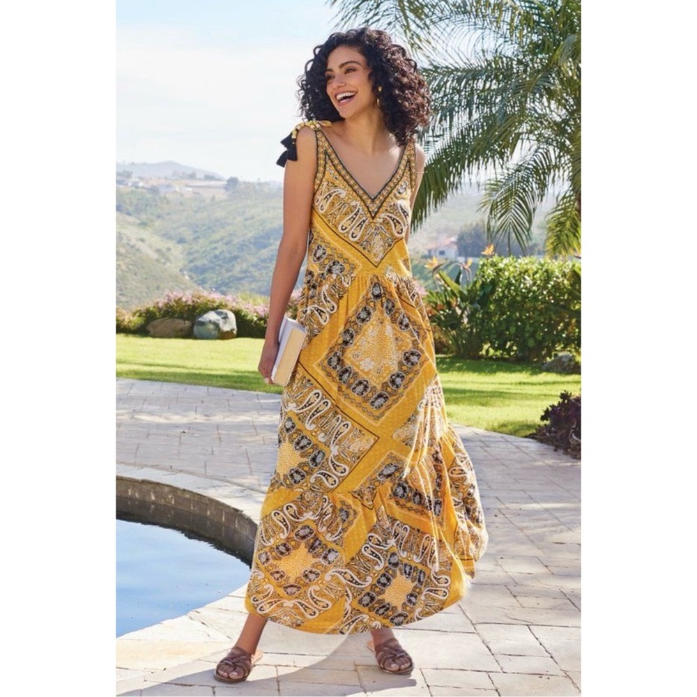 SOFT SURROUNDINGS YELLOW ARTSANS PAISLEY EMBROIDERED INDHA MAXI DRESS SZ M
